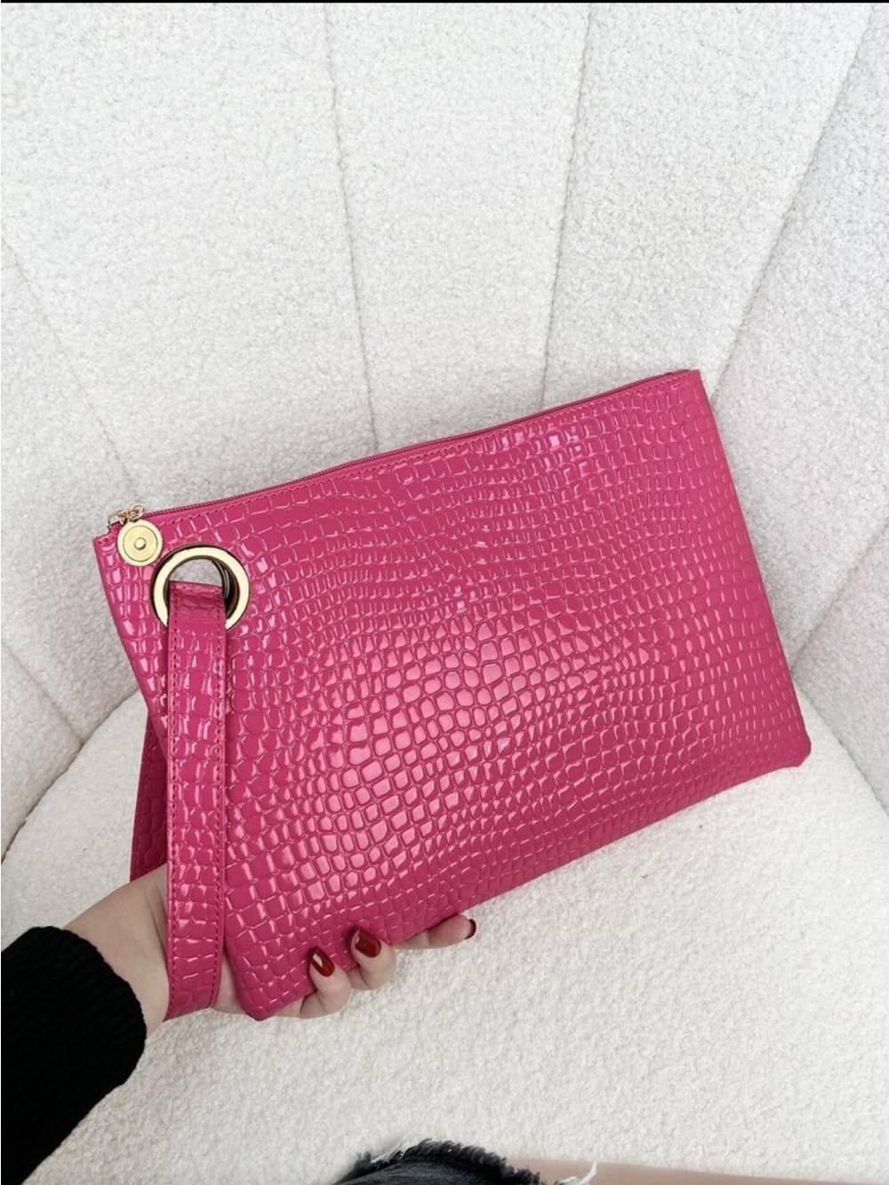 Hot Pink Croc-Embossed Wristlet Clutch
